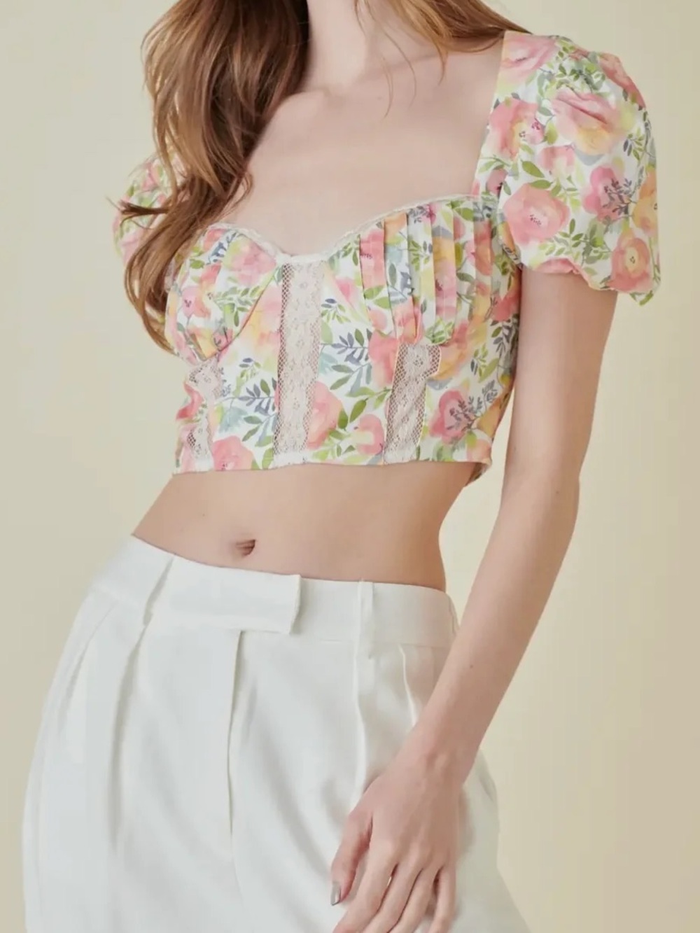 Fore Floral Puff Sleeve Open Back Crop Top : Medium